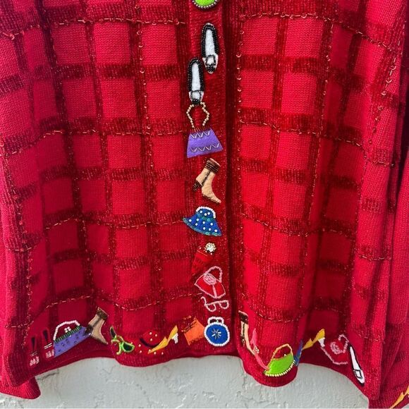 MORGAN COLE Cardigan Sweater Women Size Large Vintage Beaded Artsy Red Sequin - Picture 6 of 9